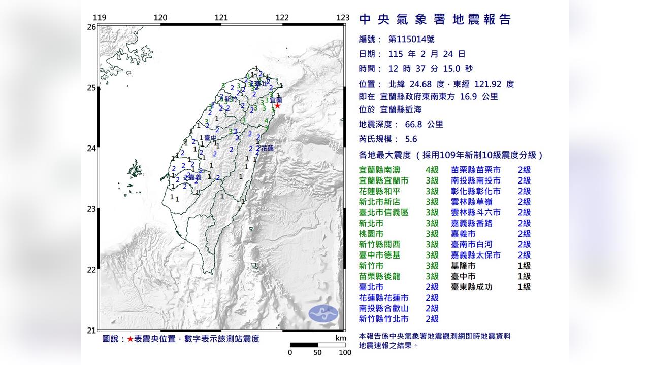 快新聞/12:37宜蘭近海規模5.6地震 最大震度4級