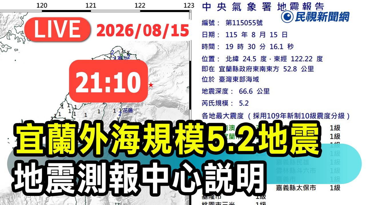 LIVE／晚間晃一下！宜蘭外海5.2地震　氣象署21:10最新說明