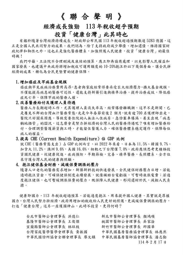 113年稅收超乎預期!醫界聯合聲明籲投資「健康台灣」