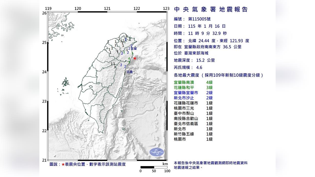 快新聞／11:09東部海域規模4.6地震 　最大震度4級