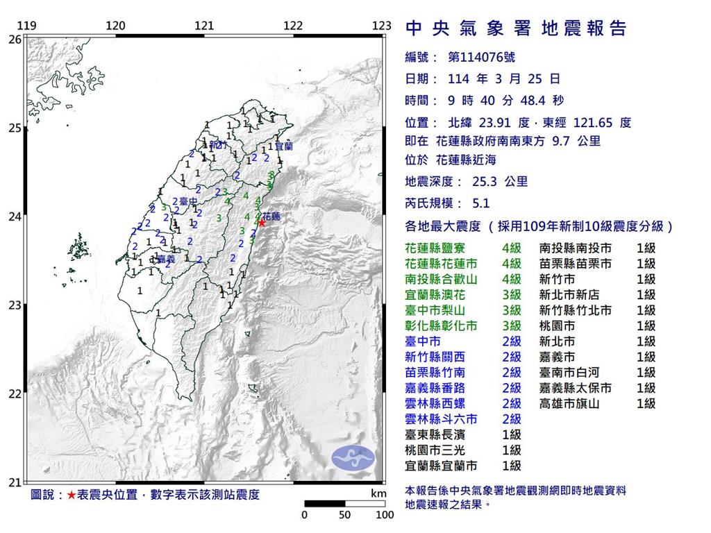 快新聞／一早就晃！09:40花蓮近海規模5.1有感地震　最大震度4級