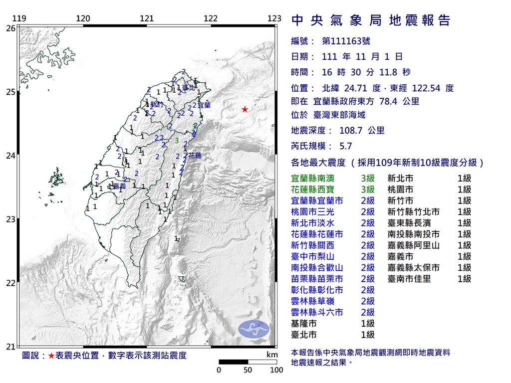 快新聞／東部海域16:30規模5.7地震　最大震度宜蘭花蓮3級