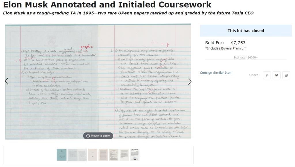 全球首富馬斯克有多夯？批改過的作業拍賣會「6位數」成交
