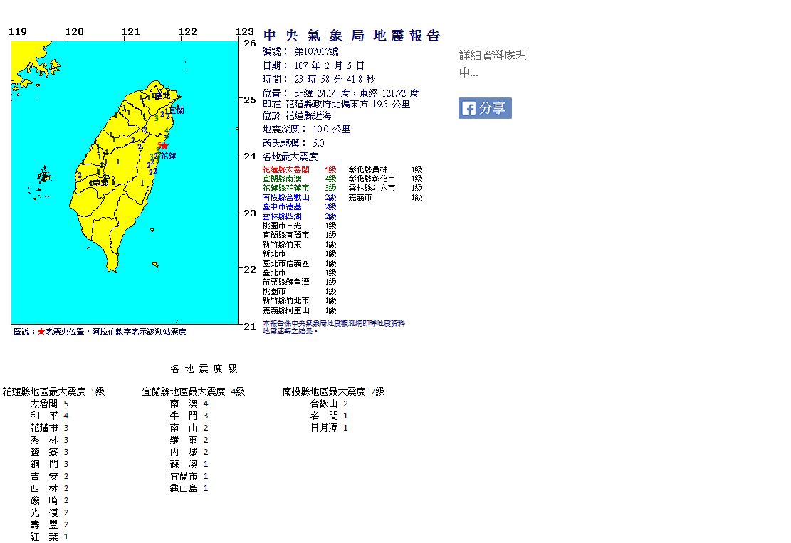 地震又來！花蓮縣23:58傳5.0地震 太魯閣震度5級