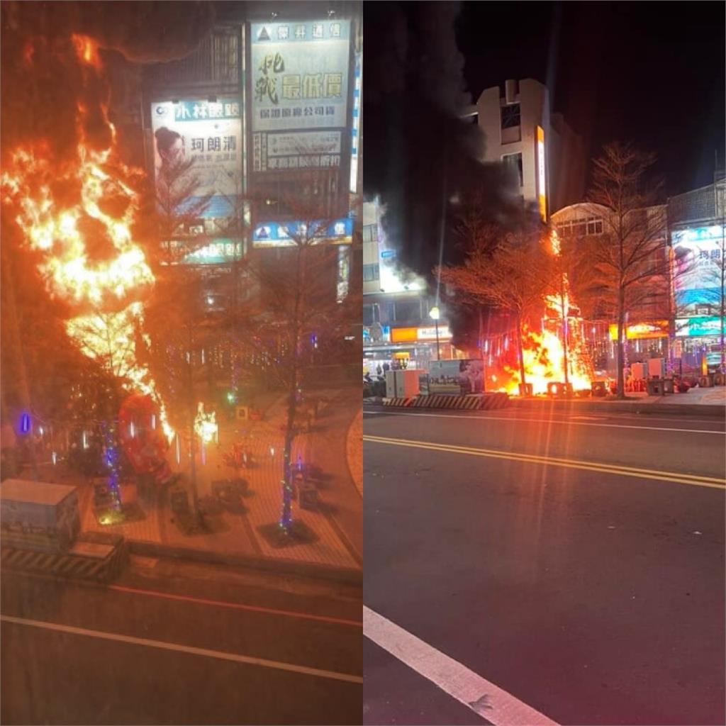 快新聞／苗栗頭份「新地標」聖誕樹遭煙火引燃　整株樹陷火海「被燒毀」