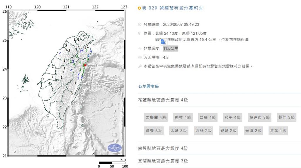 快訊／花蓮9：49地震規模4.8！最大震度花蓮、南投4級
