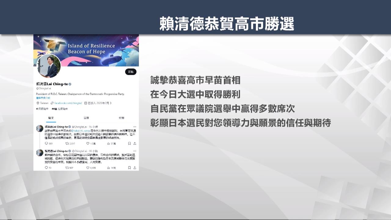 高市率自民黨大勝　賴清德祝賀：盼台日攜手面對挑戰
