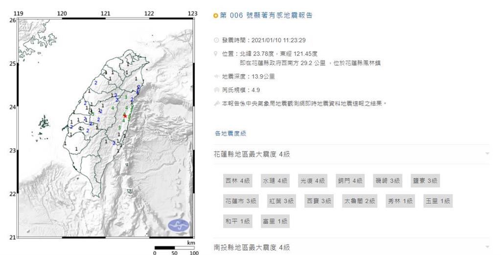 快新聞／地牛翻身！ 花蓮11:23規模4.9地震 最大震度花蓮縣、南投縣4級