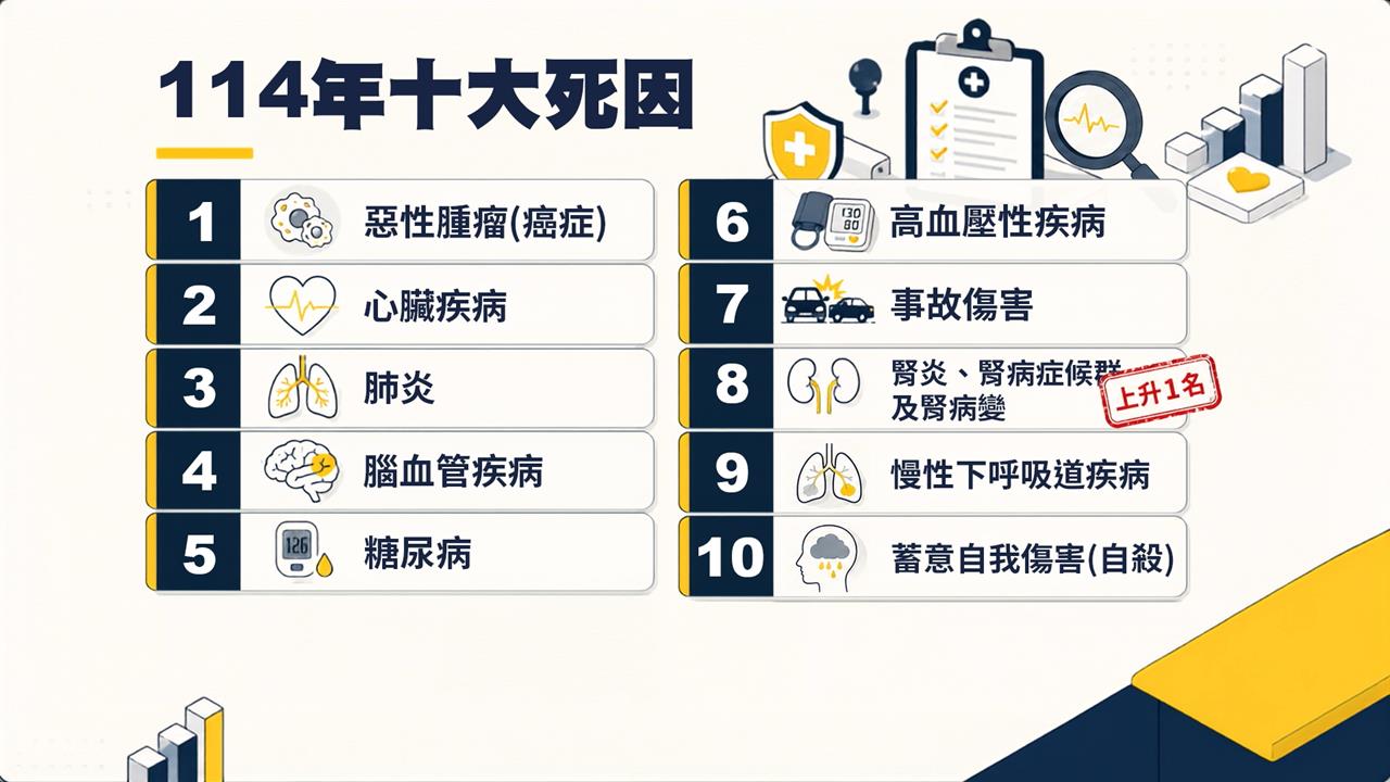 最新十大死因出爐！　癌症蟬聯44年榜首﹑腎病升至第8名