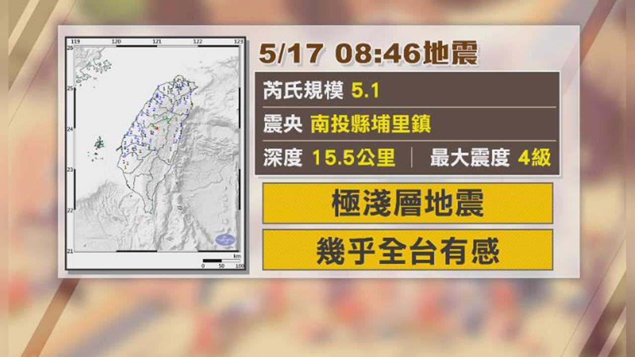 地牛翻身!南投埔里規模5.1地震 極淺層幾乎「全台有感」