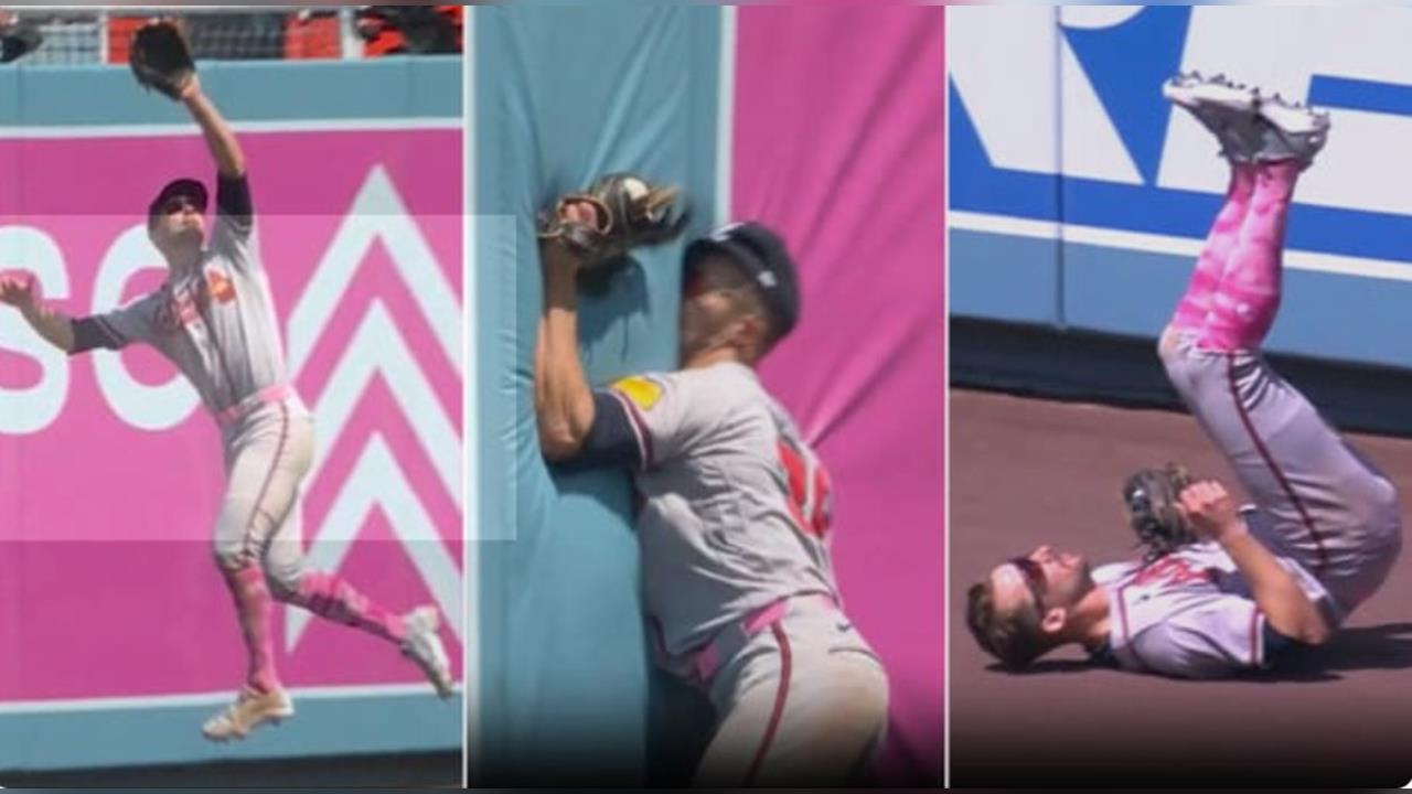 MLB(影)/「用臉撞牆也要接到!」勇士小白神救援 道奇滿壘長打瞬間變成絕望出局
