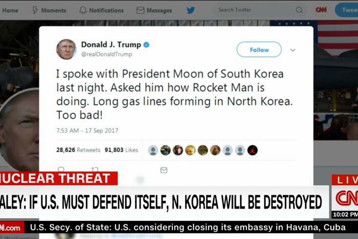 美國嗆聲摧毀北朝鮮 川普推特酸金正恩「火箭人」