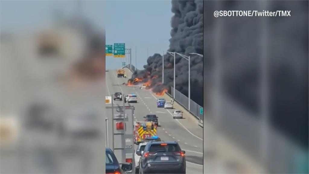 濃煙直竄！康乃狄克州油罐車翻覆起火　護欄燒到融化