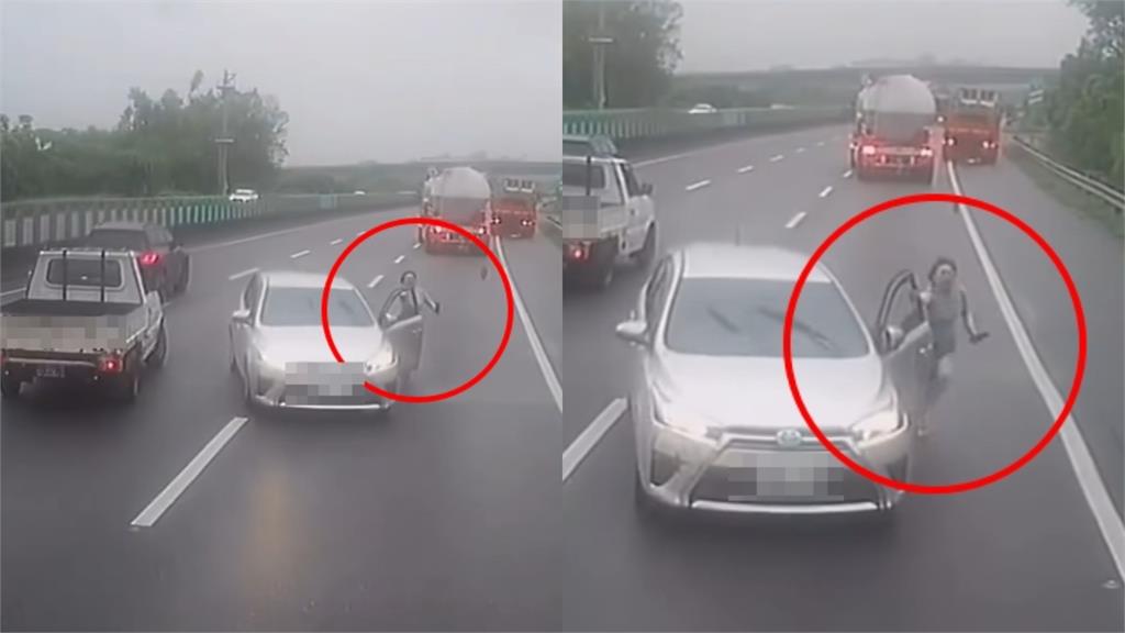 汽車國道逆向偷溜⋯大媽「緊抓車門」猛踱步！超扯撞上畫面曝光一票人傻眼