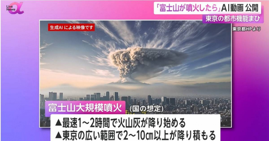 東京都用「生成式AI」製作富士山噴發影片 模擬火山灰癱瘓都市運作