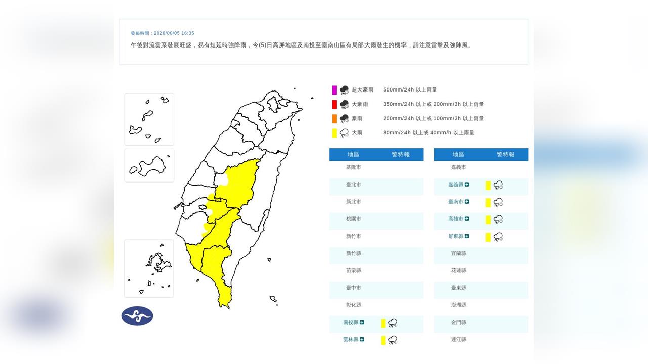 快新聞／快躲雨！6縣市大雨特報　一路下到晚上