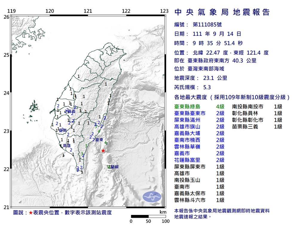 快新聞／台東外海9:35規模5.3地震　最大震度台東4級