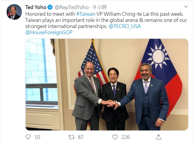 美國議員分享與賴清德合照 讚台灣是美國「強健夥伴」