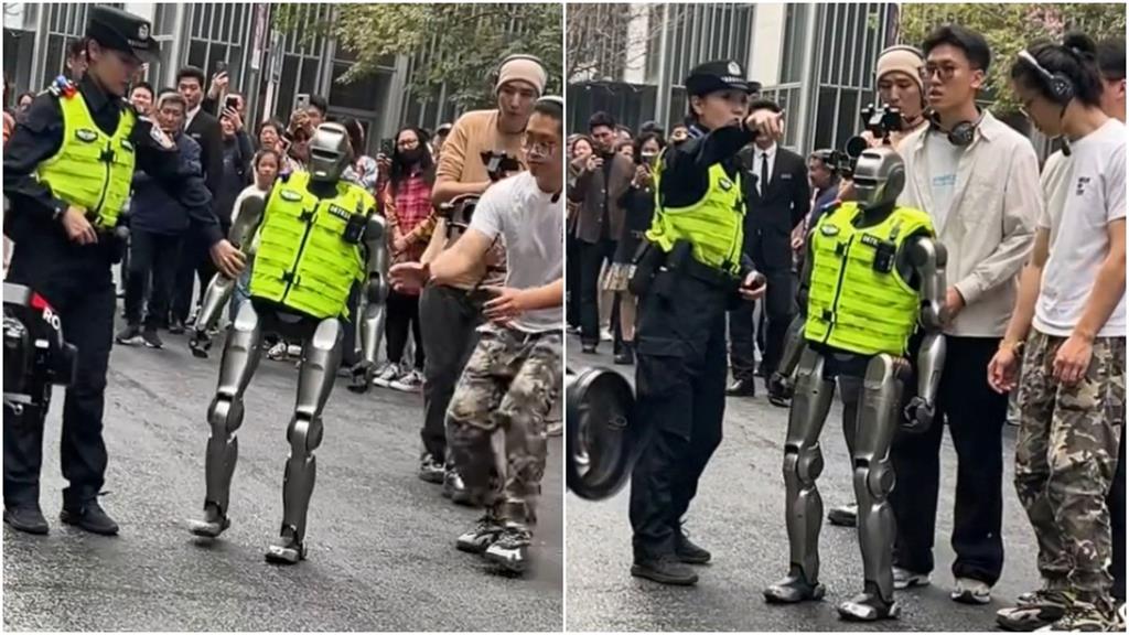 【有片】中國機器人警察霸氣出巡！下秒險滑倒　正妹女警變「看護」攙扶