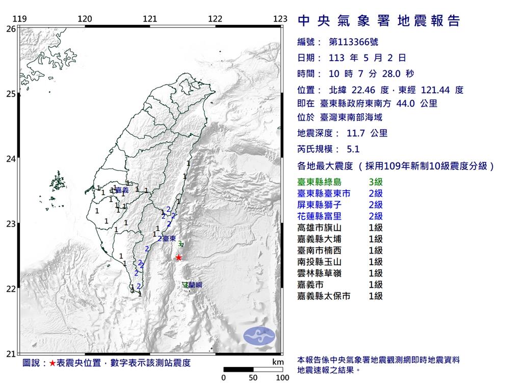 快新聞／台灣東南部海域5.1「極淺層<em>地震</em>」 最大震度綠島3級