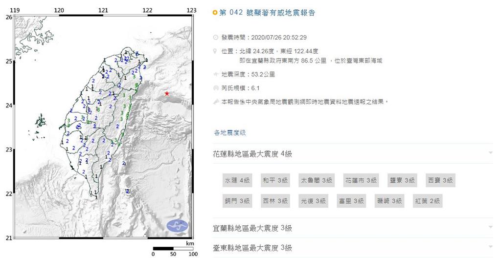 全台晃！東部外海20：52發生規模6.1地震  最大震度4級