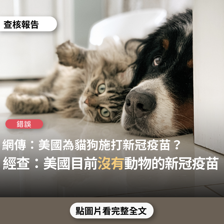 【錯誤】網傳圖片宣稱「美帝的貓丶狗施打covid-19疫苗照片...美國疫苗多到給美國貓丶美國狗打」？