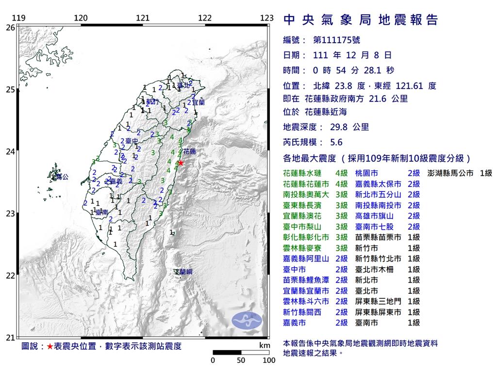 快新聞／00時54分規模5.6地震　花蓮最大震度4級