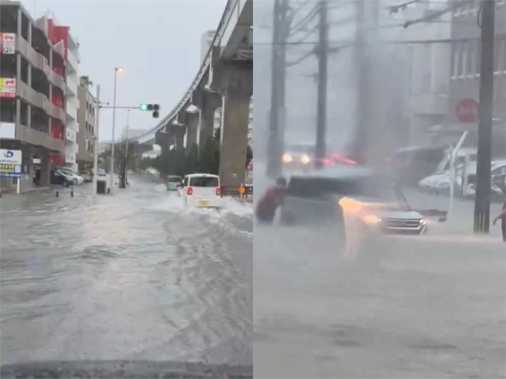 快新聞／沖繩下暴雨「水淹大腿」！　多路口無法通行「民眾急涉水推車」