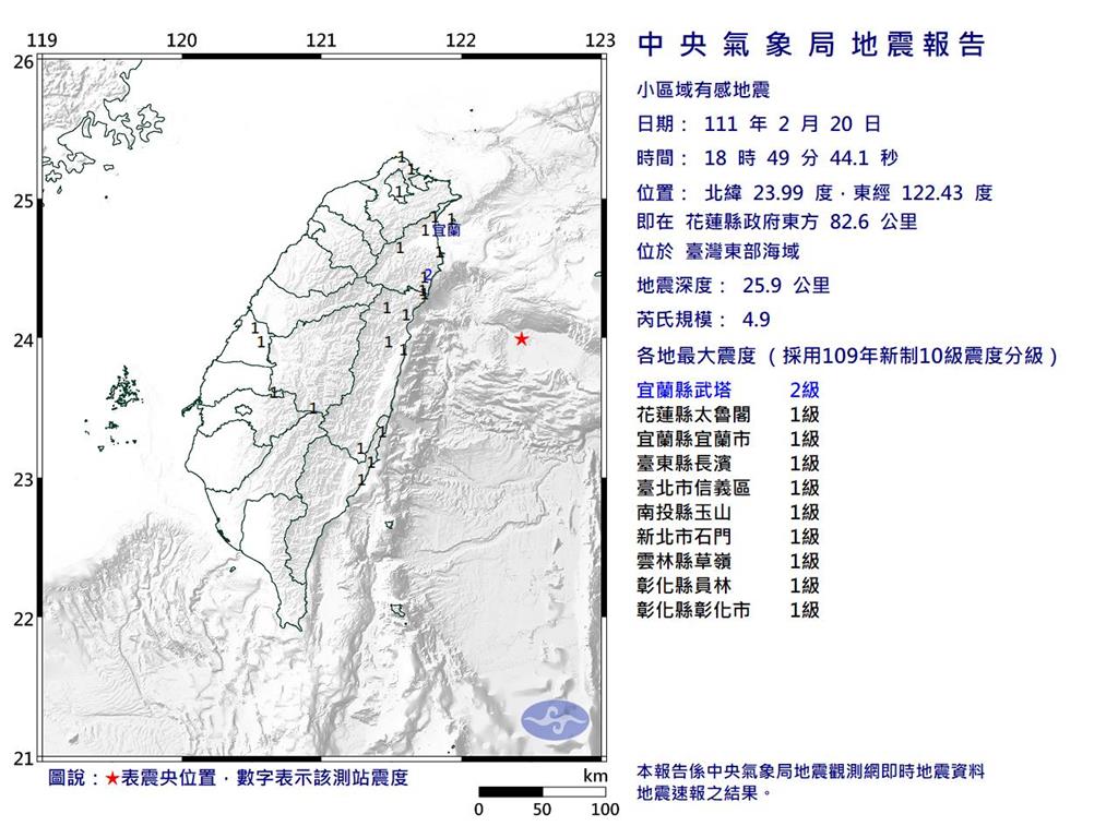 快新聞／地牛翻身！ 18:49東部海域規模4.9地震　最大震度宜蘭2級