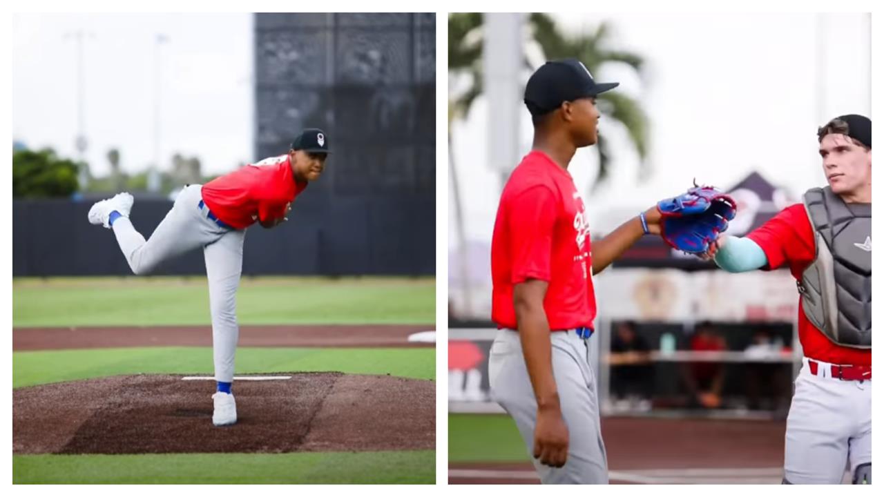16歲歐子喬旅美初登板飆150公里火球。(圖/擷取自@prepbaseball_fl ig)