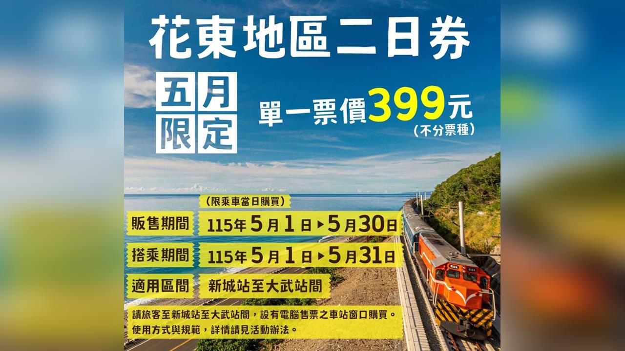 快新聞／台鐵超優惠方案來了！399元玩遍花東　各種列車「兩日內無限爽搭」