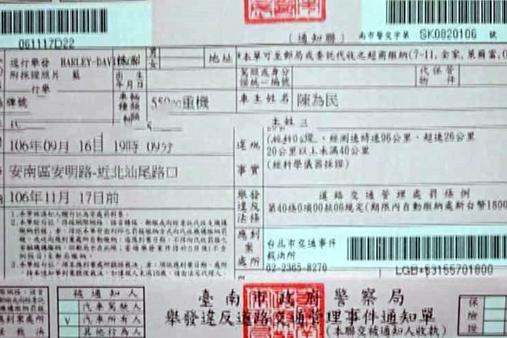陳為民騎重機超速 收兩罰單共3400元