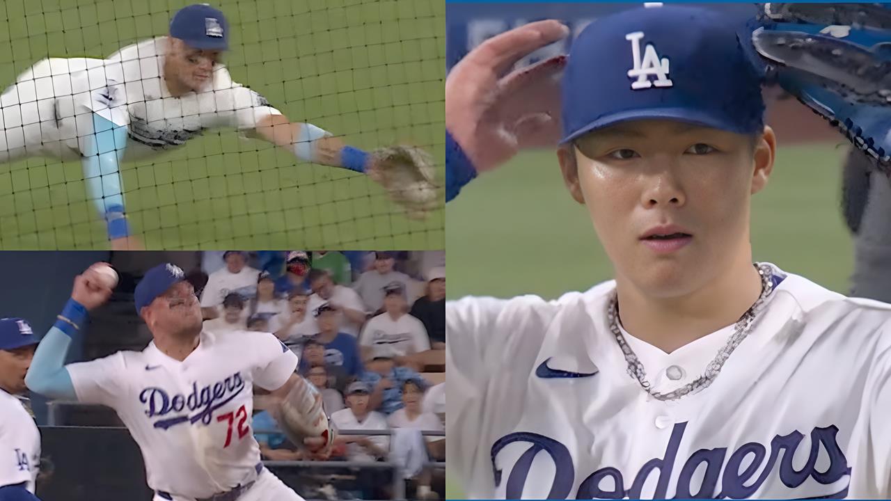 （左圖上下）道奇隊老將羅哈斯（Miguel Rojas）美技驚艷（右圖）山本由伸。（圖／翻攝自 @mlb IG）