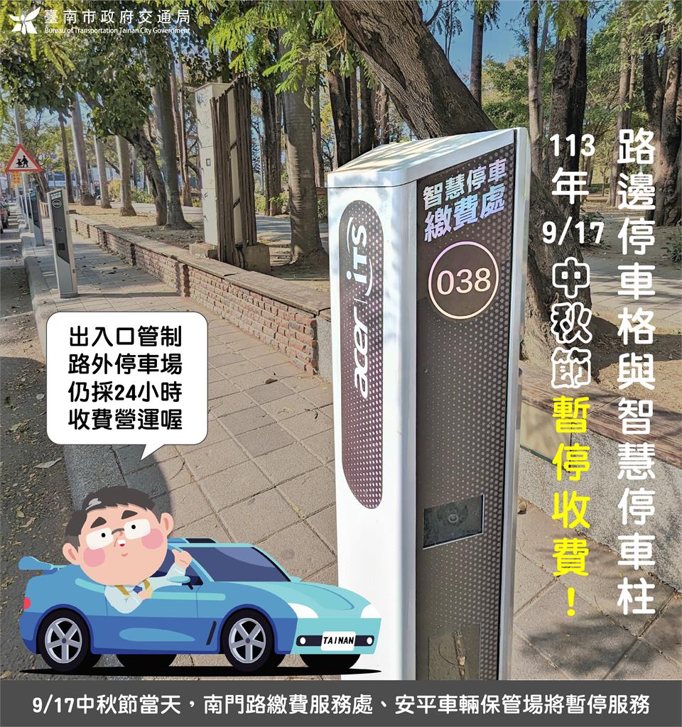 中秋團圓好停車　台南市9/17路邊停車不收費