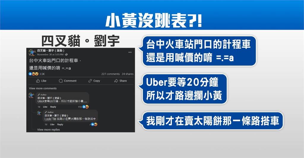 四叉貓控台中攔小黃沒跳表　交通局：若屬實罰將開罰