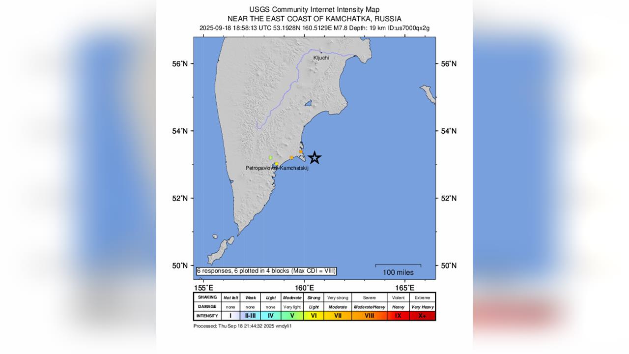 俄國堪察加東海岸附近強震規模7.8 觸發海嘯警報