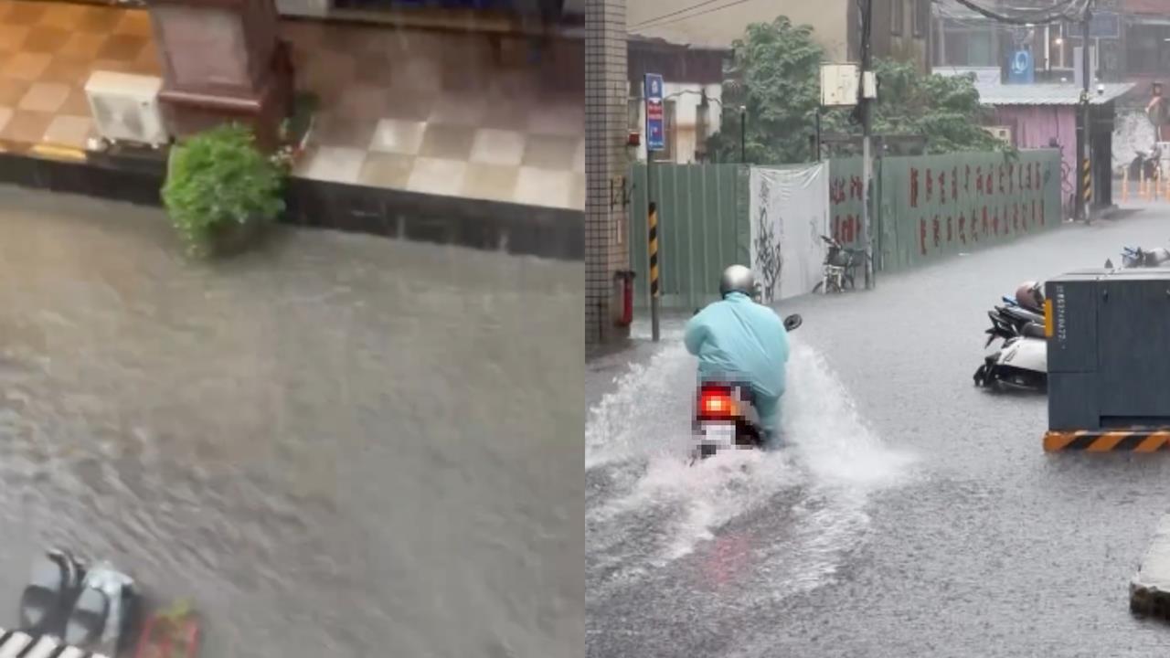 暴雨狂炸「新北4區」淹水一級警戒！水位直逼排氣管「機車駛過」濺起大浪