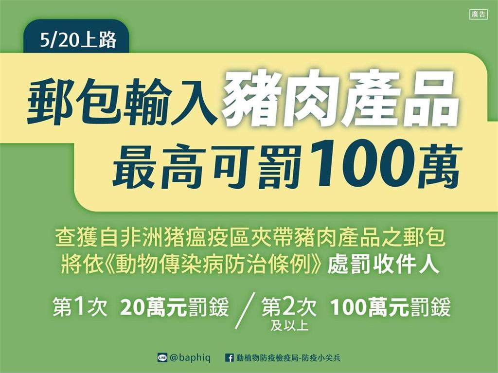 快新聞／防堵非洲豬瘟！　5/20起豬肉違規郵包「收件人最高罰100萬元」