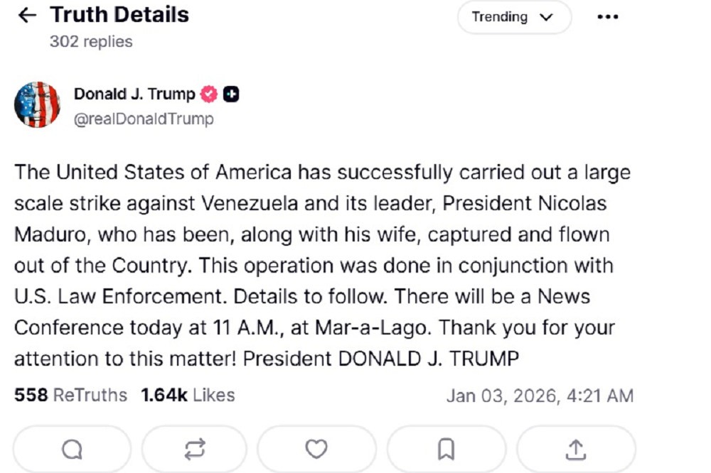 快訊／川普宣布已逮捕馬杜洛伉儷　美官員證實出動「三角洲部隊」執行任務