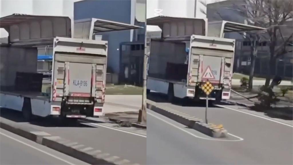 台中大貨車「展翅」切車道！鷗翼門掃斷路燈　收罰單再賠償