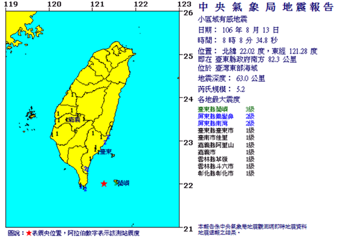 台東近海發生規模5.2地震 最大震度在這裡 