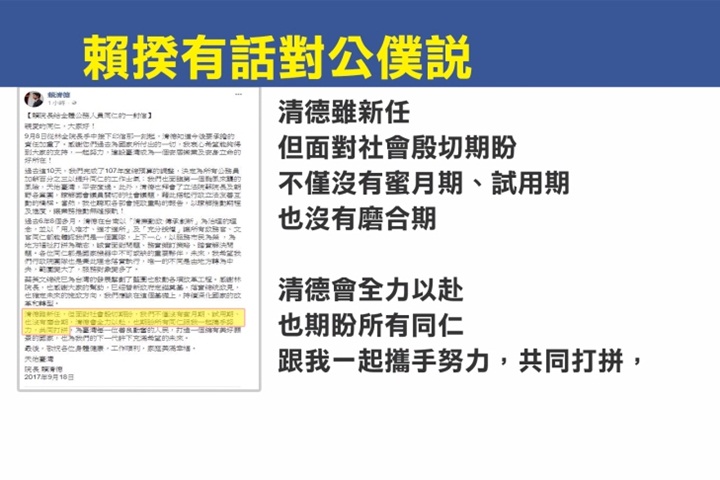 「沒有蜜月期」 賴清德給公務員的一封信