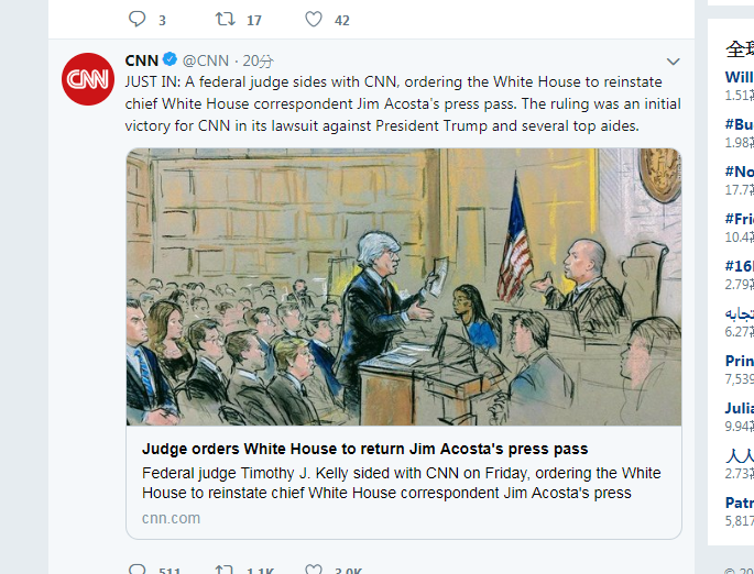 CNN告白宮暫獲勝！法官判必須立刻恢復記者通行證