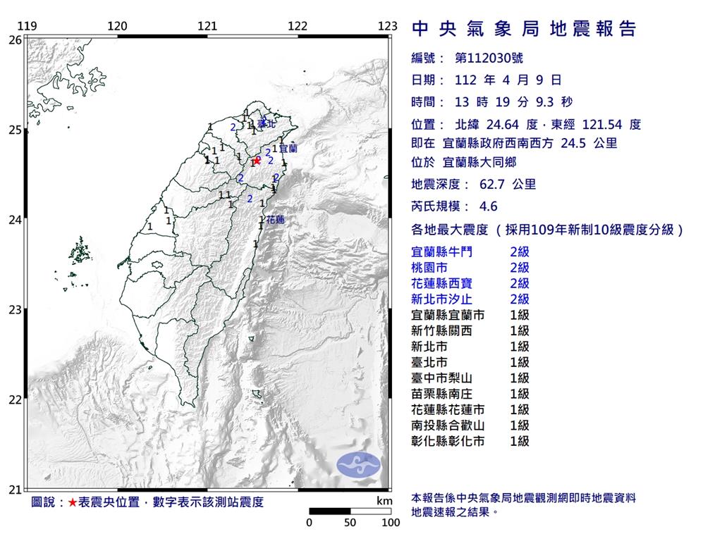 快新聞／13:19宜蘭大同鄉規模4.6地震　最大震度2級