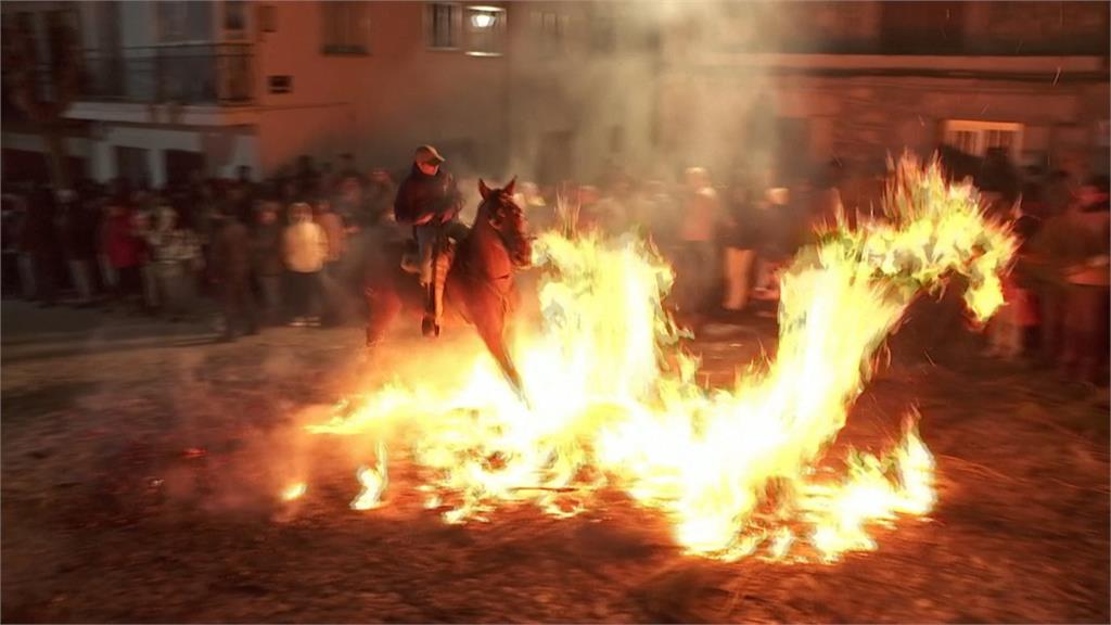 震撼！西班牙傳統祈福儀式　上百匹馬穿過火海
