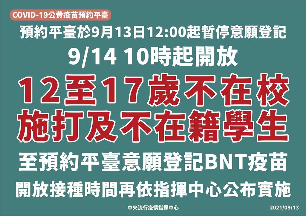 快新聞／指揮中心：不在校施打、不在籍學生　9/14開放預約登記BNT疫苗