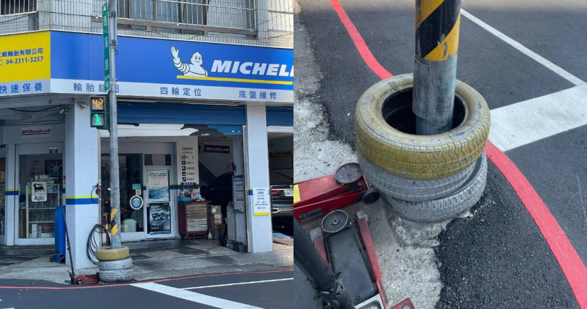 台中「紅綠燈套3輪胎」怎麼放進去?網友笑稱大仙施法 老闆解答了