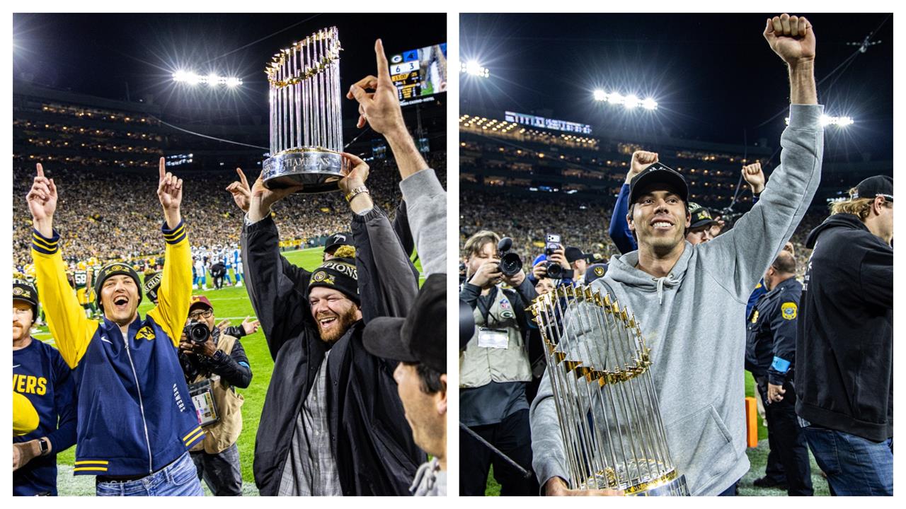 MLB(影)/剛出爐冠軍為包裝工加油!「酒鬼們」帶世界大賽金盃看鄰居比賽