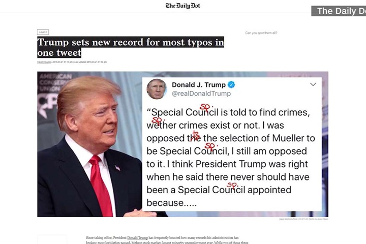 川普因推文錯字連篇 再度成為媒體焦點