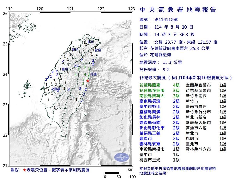 快新聞／14:03花蓮近海規模5.2極淺層地震　最大震度4級